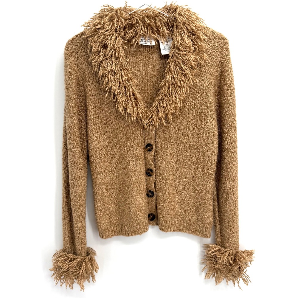 Vintage Shaggy Fringe Trim Cardigan Sweater Size S Button Front Tan Fuzzy 90s